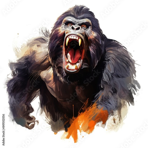 Angry aggressive big monkey gorilla in the jungle.