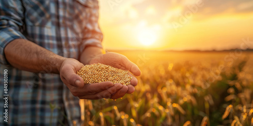 close up of farmer holding grains in hands on harvest field background at sunset. banner with copy space
