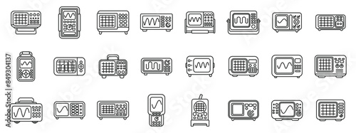 Oscillograph icons set. Large set of oscilloscope icons featuring different types of digital measurement devices for electronic engineers working in telecommunications industry