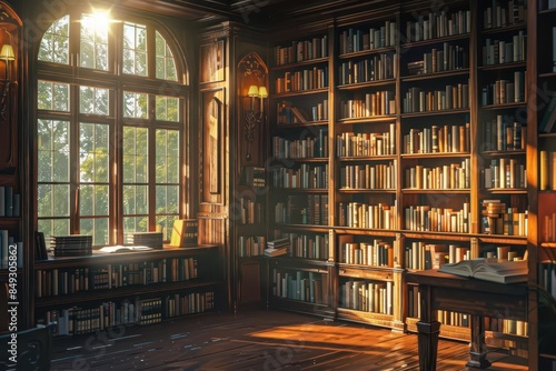 vintage library interior with warm light illuminating antique bookshelves creating a nostalgic atmosphere for learning and cognition digital painting