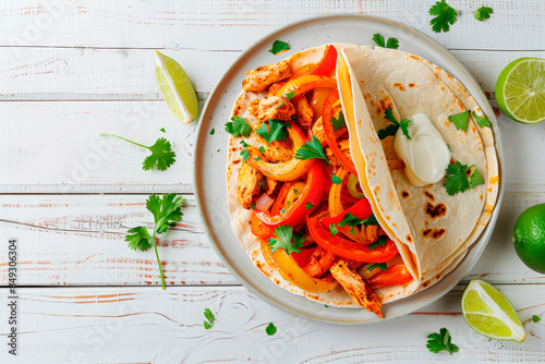 tex-mex chicken fajitas with vegetables on white wooden table. Top view