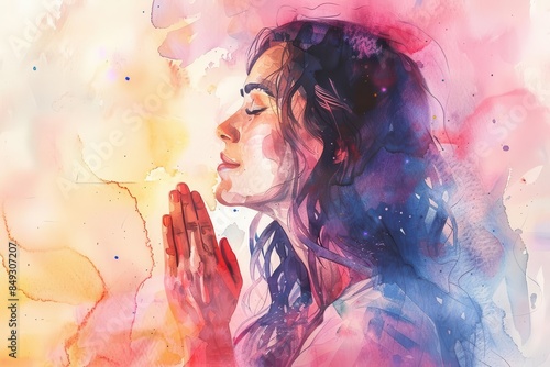 watercolor illustration of woman praying spiritual and religious concept
