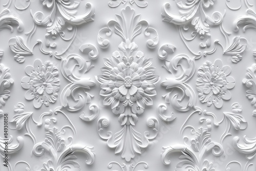 white vintage floral damask wallpaper pattern with intricate details digital illustration