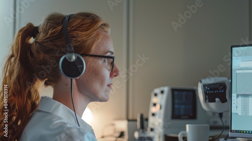 an audiologist attentively administers a hearing test to a patient, utilizing specialized equipment and expertise to assess auditory function. In a soundproof booth, 