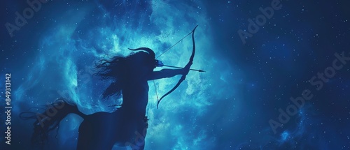 Majestic Centaur Illustrating Sagittarius Constellation, Midnight Blue Background, Bow Focused, Representing Exploration, Adventure & Wisdom