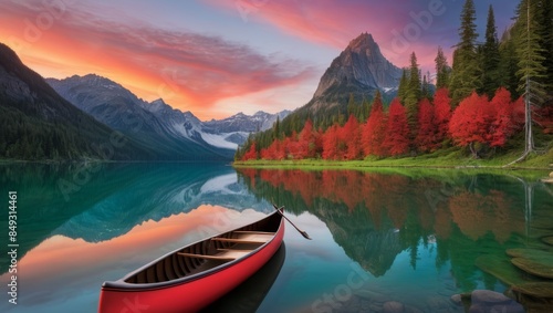 The canoe positioned at the heart of a pristine, rippling emerald lake