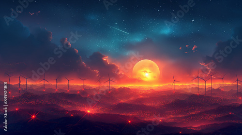 Wind energy turbines, vibrant cityscape style, sketchfab, free flowing lines, panoramic proportions, circles, minimalist style, flat illustration, clean background.