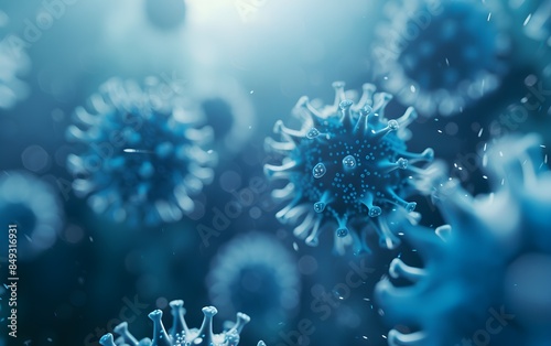 viruses and bacteria, pathogens that cause disease. Macro photography of viruses, Macro microscope image of a virus cell with influenza spikes, influenza, Omicron coronavirus, microbiology background