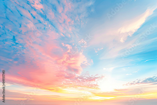 Beautiful pastel-colored sky with soft clouds at sunrise or sunset.
