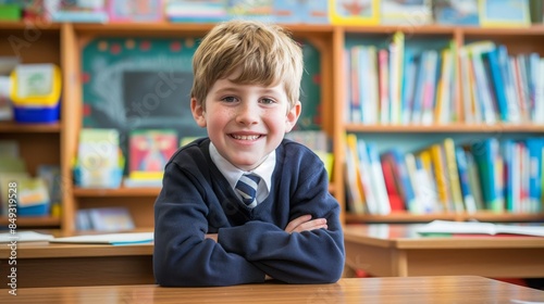 Smiling Young British Boy in School Uniform Posing in Classroom, Ideal for Educational and Academic Themes