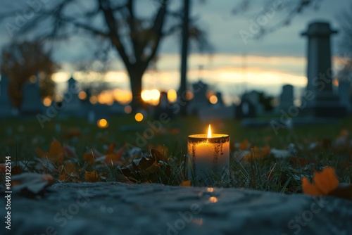 A peaceful and still atmosphere permeates the candlelit cemetery, devoid of any human presence.