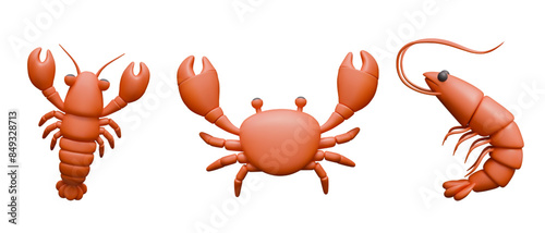 Set of red crustaceans on white background. Realistic crayfish, crab, lobster