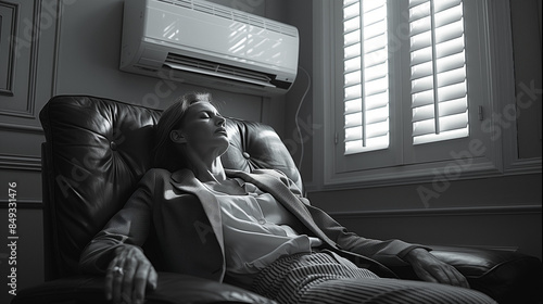 Femme d'affaires en costume se repose dans son bureau sous la chaleur de l'été, climatiseur et canicule en entreprise