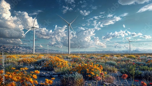 Wind turbines and blooming wildflowers in picturesque landscape, renewable energy and nature