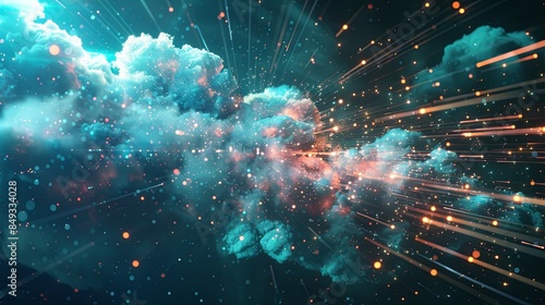 A digital art image representing cloud computing with data processing and AI operations taking place in the cloud. Generative AI