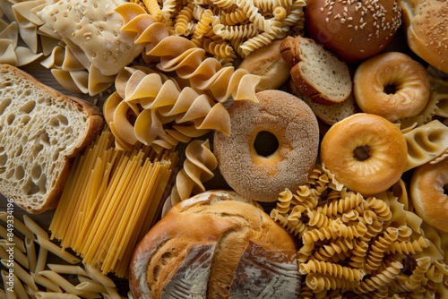 Assorted carbohydrate-rich foods featuring bread and pasta
