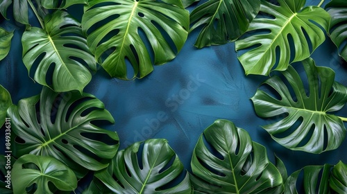 Top view of tropical leaves with Monstera and palm tree leaves laid out in a symmetrical pattern on a deep blue background vibrant green hues popping against the rich backdrop crea