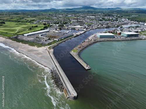 Arklow harbour and avoca river in ireland overhead drone shot