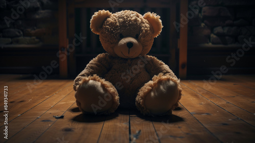 Vintage teddy bear sitting on wooden floor with warm lighting