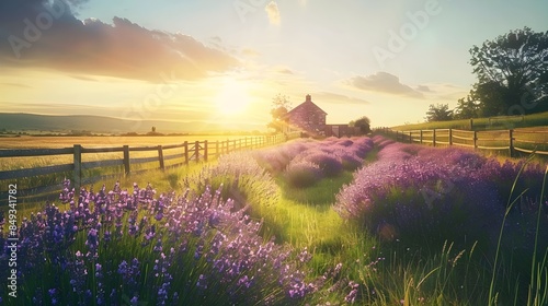 Vast lavender field in full bloom, with a charming stone cottage in the background