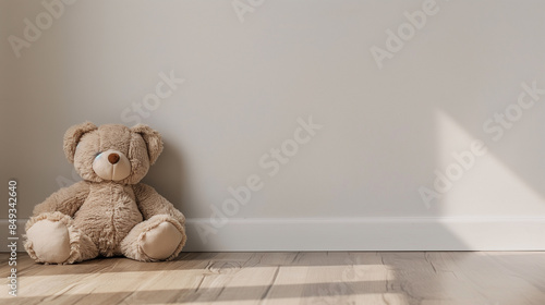 Teddy bear sitting against white wall on wooden floor in minimalist setting