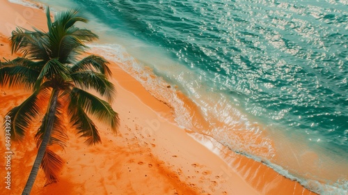 Summer beach scene with orange sand, teal water, and coconut palms swaying in the wind, providing plenty of copy space for text