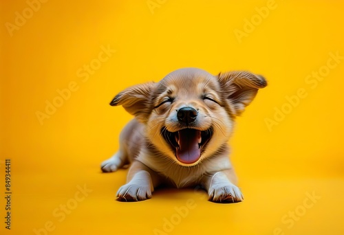 A yellow background with a cute puppy winking and smiling with closed eyes.