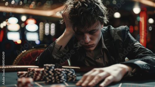 A man is depressed after losing all his bets in a casino.