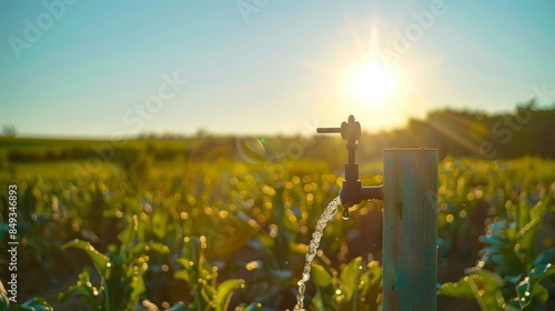 Solar-powered water pump in a rural landscape during sunset