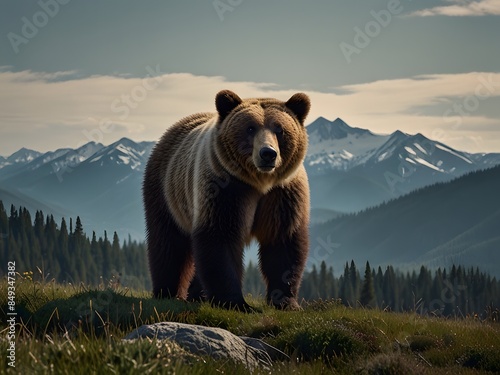 A brown bear standing on a rocky hillside, showcasing its majestic presence in its natural habitat