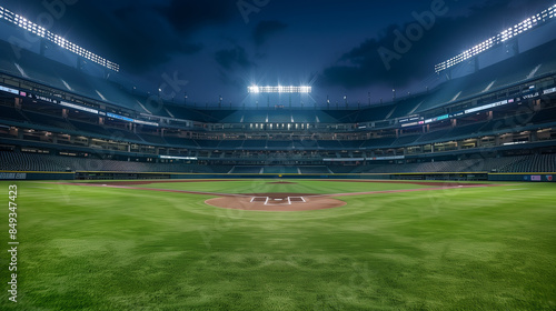 Empty Baseball Stadium at Night with Bright Lights