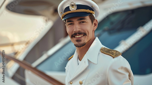 Smiling young captain in uniform standing by a luxury yacht