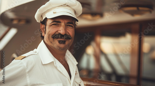 Portrait of a cheerful yacht captain with a mustache, wearing a white uniform on deck