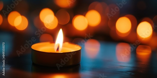 Close-up shot of a single tealight candle burning in the dark, creating a tranquil and warm atmosphere