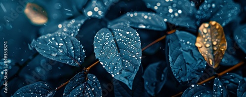 Close-up of dew-covered leaves during a rainy night
