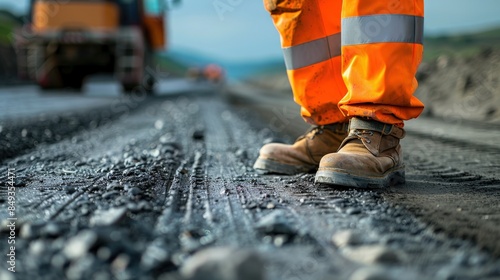 A seasoned road construction engineer,firmly secured, meticulously inspects the progress of expressway construction site, carefully traversing the terrain on foot to assess the quality and adherence 