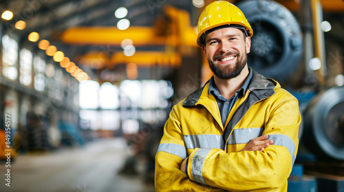 Portrait of a happy male engineer with arms crossed wearing safety gear at an industrial plant