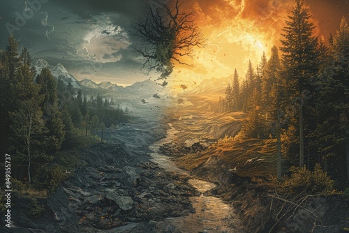 Digital artwork showing split landscape with forest and mountains on one side and fiery, barren land on other. A tree floats in middle representing environmental dichotomy,