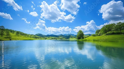 Tranquil lake scenery surrounded by vibrant summer greenery beneath a clear blue sky dotted with white clouds