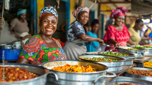 African women in bright attire happily serving local dishes at a lively market stall