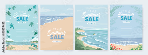 Vector beautiful hand drawn illustration of sandy summer tropical beach and palm trees. Summer sale horizontal promotional banner. Seascape background design template