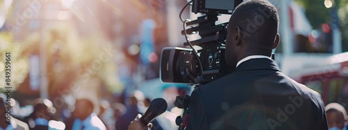 A black speaker delivering a powerful speech in front of a TV camera, or a breaking news reporter covering live media headlines, standing in the street, holding a microphone