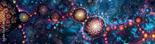 Abstract cosmic pattern with colorful interconnected spheres and fractal elements, creating a vibrant and mesmerizing visual effect.