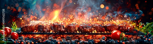 A delicious and juicy steak sizzling on the grill, with flames and smoke rising up