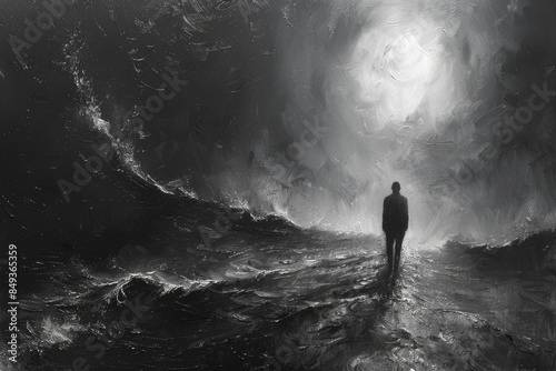 An artistic black and white painting capturing a solitary figure overlooking the turbulent sea under a swirling, textured sky