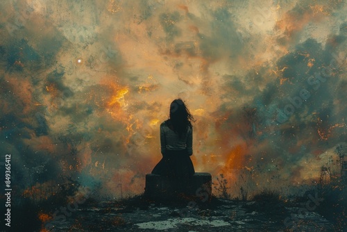 A woman observes a dramatic, apocalyptic sky with fire-like clouds