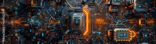 A detailed view of a futuristic circuit board with vibrant colors, showcasing advanced technology and intricate electronic components.