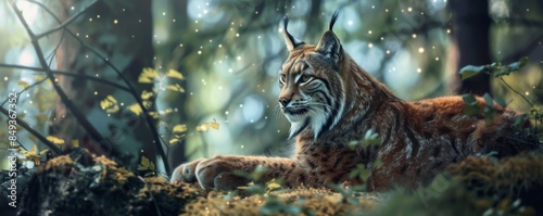 Lynx lynx in a clean green summer wild nature, banner. Generative AI.