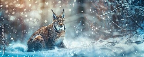 Lynx lynx in a winter wild nature, banner. Generative AI.