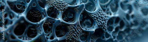 Close-up image of a blue sponge texture with intricate holes and organic patterns, suitable for backgrounds or science visuals.
